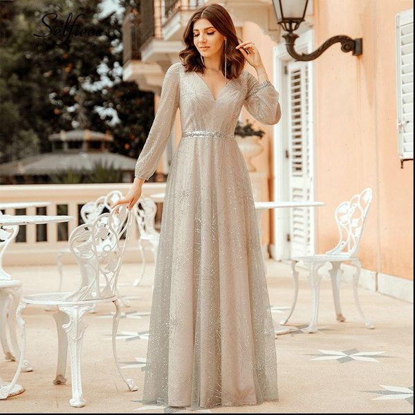 

elegant sequined maxi dress for women a line v neck tulle full sleeve see through sparkle ladies dress vestidos de mujer 2021, Black;gray
