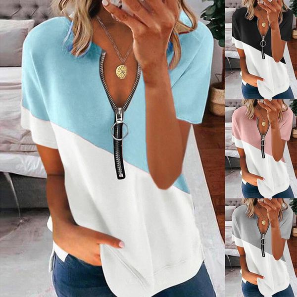 

women's t-shirt summer contrast print v-neck vintage zipper short sleeve shirt women fashion loose pullover casual streetwear tshirt, White