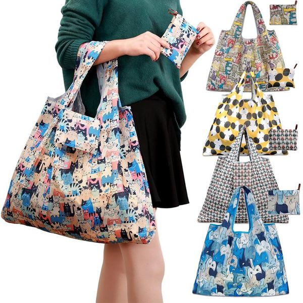 

storage bags pocket square waterproof shopping bag eco-friendly folding reusable portable shoulder handbag polyester travel grocery