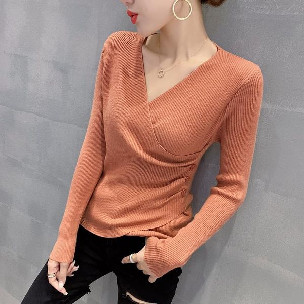 

#6226 spring autumn wrap sweater women v neck tight basic sweaters pullovers long sleeved basic irregular sweater thin tide, White;black