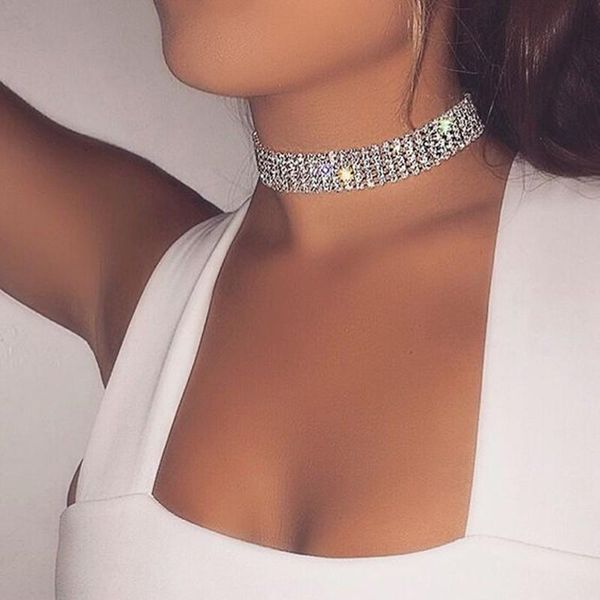 

chokers crystal rhinestone choker necklace women wedding accessories silver color chain punk gothic jewelry collier femme, Golden;silver