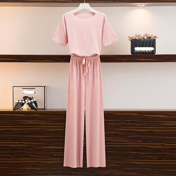 

plus size tracksuits summer two piece set women t shirt and pants ice silk trouser suits loose 2 sets womens o neck shirts wide leg, Black