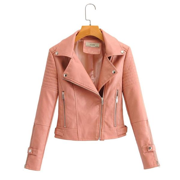 

women's leather & faux 2021 fashion women motorcycle jackets ladies long sleeve autumn winter biker zippers streetwear black coat pink