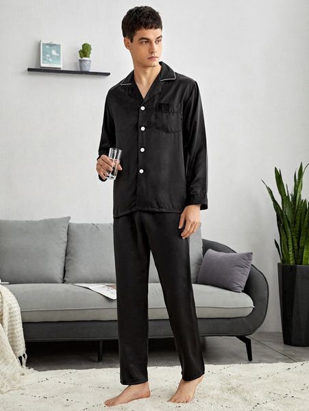 

men contrast piping satin shirt & sleep pants l2bd#, Black;brown