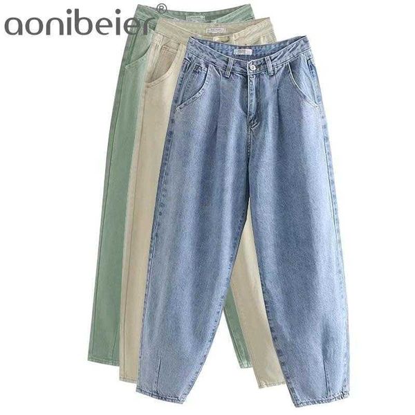Donna Streetwear Jeans mamma pieghettati Vita alta Tasche morbide larghe Pantaloni boyfriend Pantaloni casual da donna in denim 210604