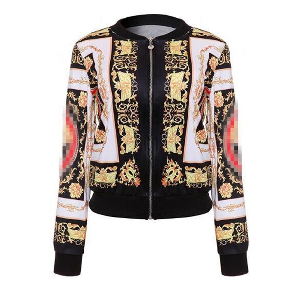 

autumn female bomber jacket retro baseball coat for women denim casual printing feminina basic outerwear gold chain print clothes, Black;brown