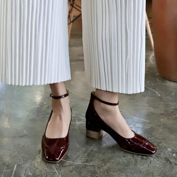 

dress shoes eshtonshero spring women's woman pumps leather+pu square high heels toe ankle strap ladies wedding size 3-8, Black