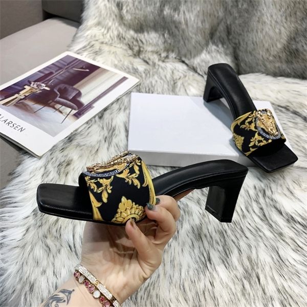 

new year comfortable v-button thick heel cowhide pattern one-and-a-half high fashion slippers 70% off factory store online sale, Black