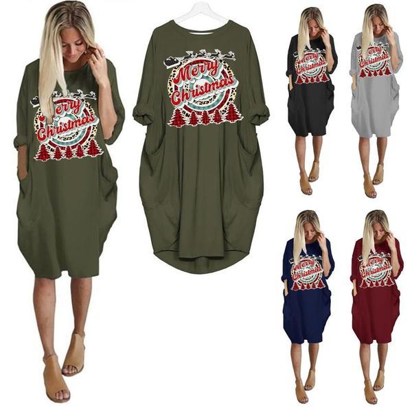 

casual dresses 3xl women's christmas autumn/winter loose pocket long sleeve cute printed dress vestido robe vestidos sukienki el, Black;gray