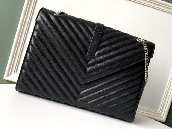 

realfine bags 5a 600166 31cm large envelope bags in black-silver hardware mixed textured leather for women with dust bag