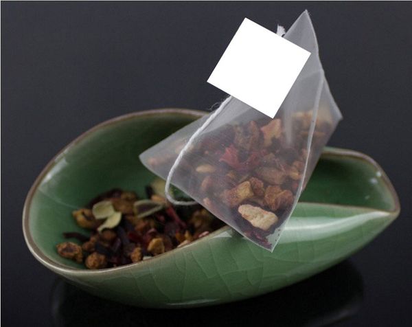 5,5 * 7cm biodegradável não-tecido pirâmide saco de chá filtros nylon teachbag único string com etiqueta transparente chá vazio