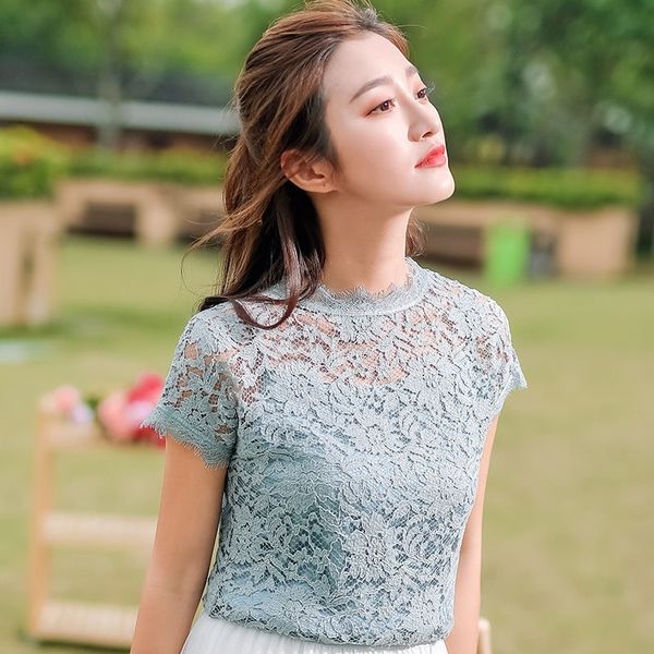 

women's spring summer style lace blouses shirt women's solid color embroidery o-neck short sleeve korean elegant lace dd8629 21031, White