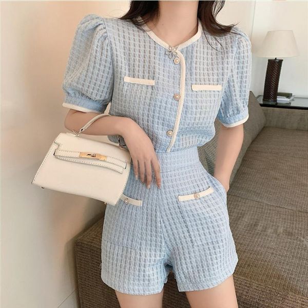 

women's tracksuits summer 2 pcs suits casual sweet short sleeve single breasted + high waist wide leg shorts two piece set female, Gray