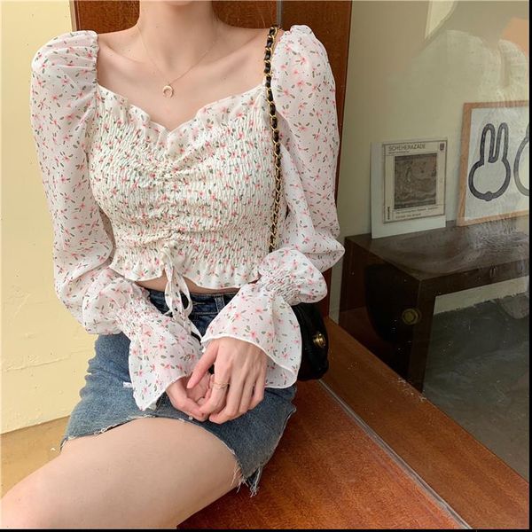 

tie front chiffon floral blouse square neck crop women puff sleeve shirt korean clothes 2021 vintage, White