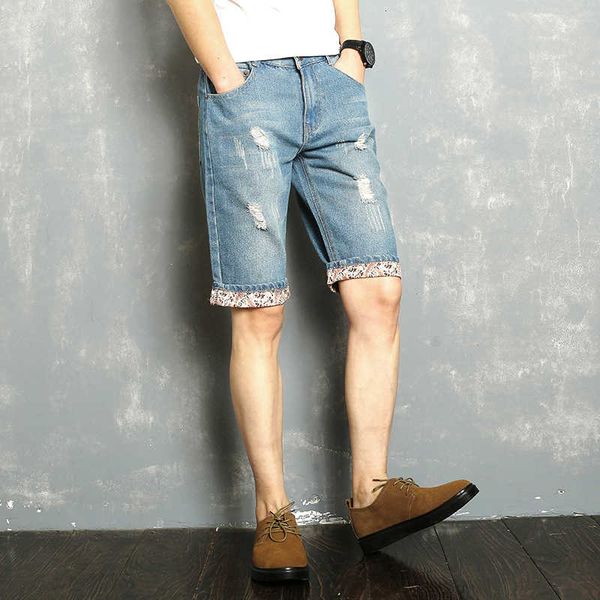 

2021 summer shorts men new flip ripped jean shorts men size, Blue