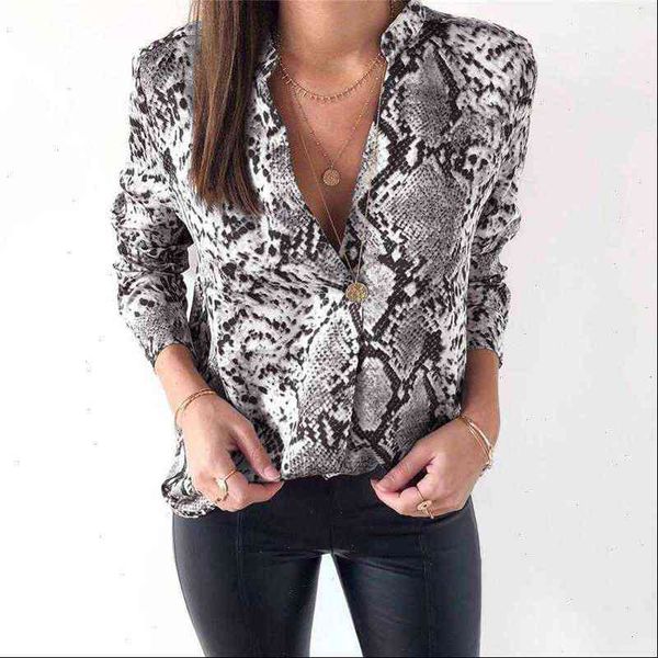 

vogue loose snakeskin print womens shirts fashion long sleeve v neck snake casual femme, White