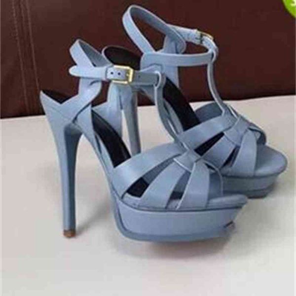 

leather platform 2022 sandals women shoes t-strap high heels, Black