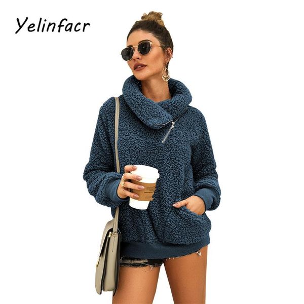 

women's autumn and winter high collar solid color thick coat sweater fashion vintage long-sleeved pockets casual ladies fleece, White;black