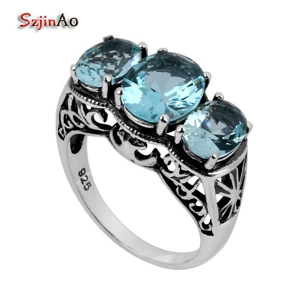 

cluster rings szjinao blue women aquamarine ring 925 sterling silver antique vintage wedding engagement jewelry victoria wholesale fashion, Golden;silver