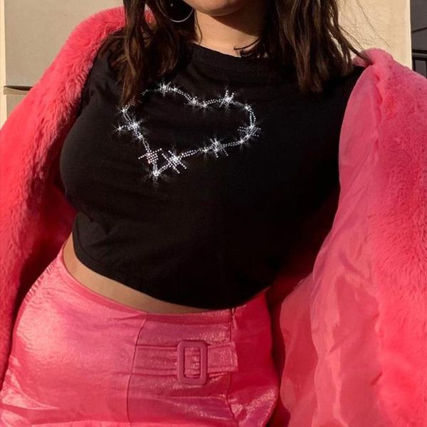 

women's t-shirt slim summer female short long sleeves harvest blue heart-shaped rhinestone bling print y2k fashion bright, White