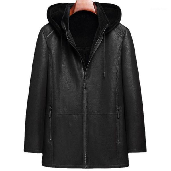

men's leather & faux winter genuine jacket men sheepskin hooded long overcoat fur integrated mens outerwear black coat