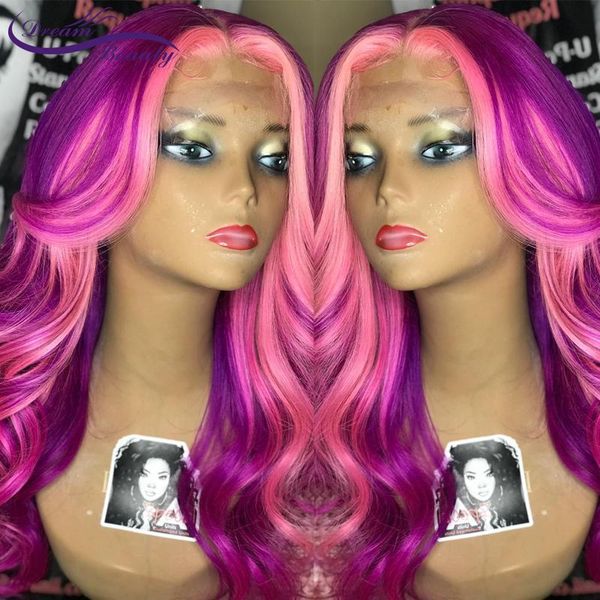 

lace wigs 613 highligh ombre pink colored wig frontal wave human hair pre plucked long remy dream beauty, Black;brown