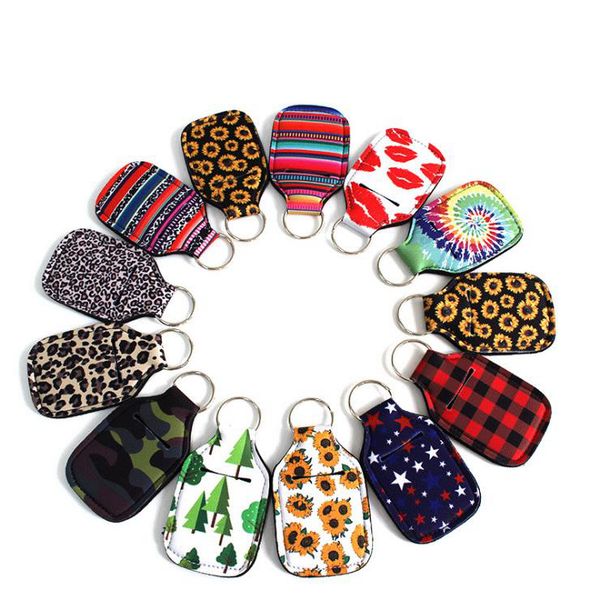 Neoprene Keyring Hand Sanitizer Garrafa Suporte para Chaveiro Sacos Chave Anéis De Mão Soap Garrafa Suporte De Moda Acessórios 12 Designs DW5710