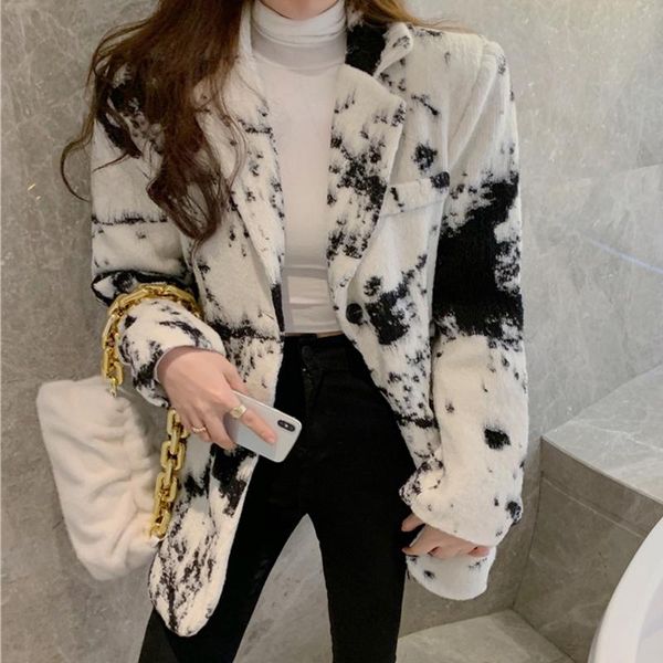 

2021 spring new arrival women tie dye white blazer office lady elegant notched jacket female vintage loose chic outwear c0n914t, White;black