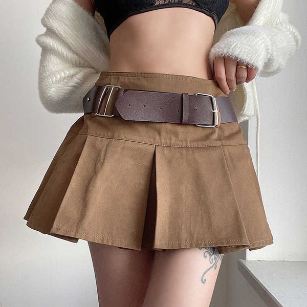 

fashion skirts 2021 spring khaki slim high waist pleated short with belt, Black