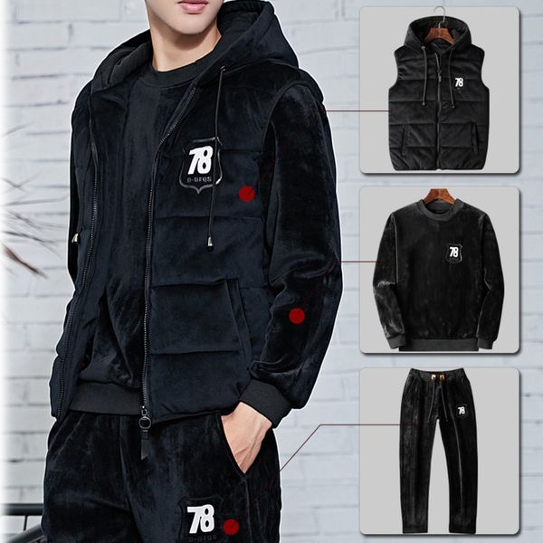 

golden veet sports suit men's thickened autumn and winter korean fashion double-sided plush leisure vt three piece set, Gray