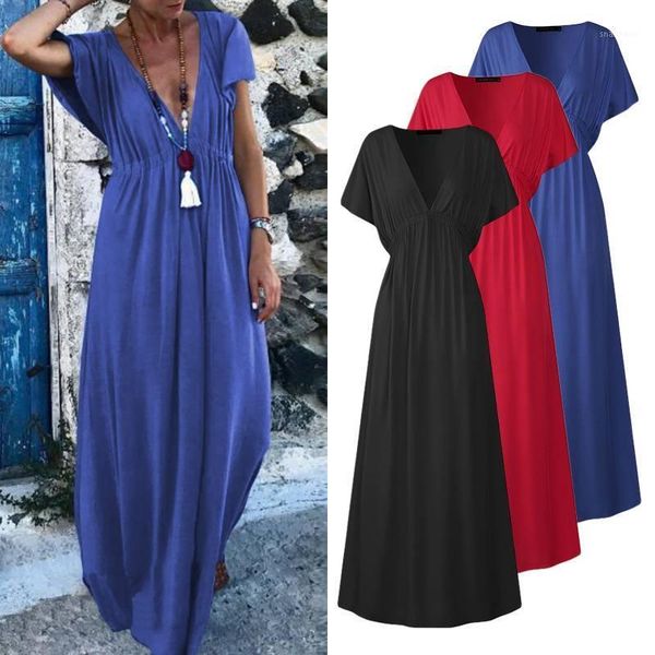 

casual dresses bohemian solid maxi dress women's summer sundress 2022 short sleeve long vestidos female v neck robe plus size 5xl, Black;gray
