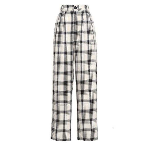 

2021 new england stylish plaid black white elastic high waisted wide leg pants women loose cotton elegant office lady fashion trouser wrkx