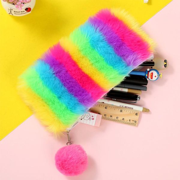

stationery zipper portable furry cute with pendant lightweight plush pencil bag large capacity rainbow style office storage