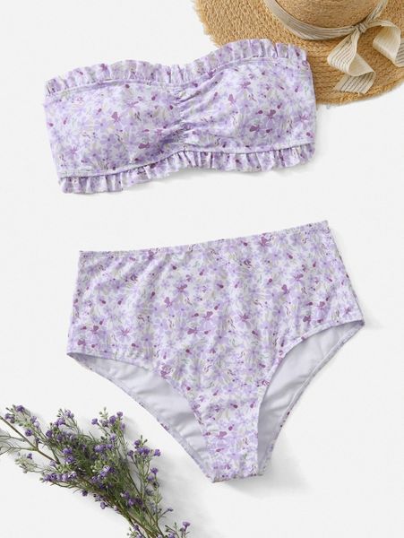

plus ditsy floral frill bikini swimsuit m0qt#, Black