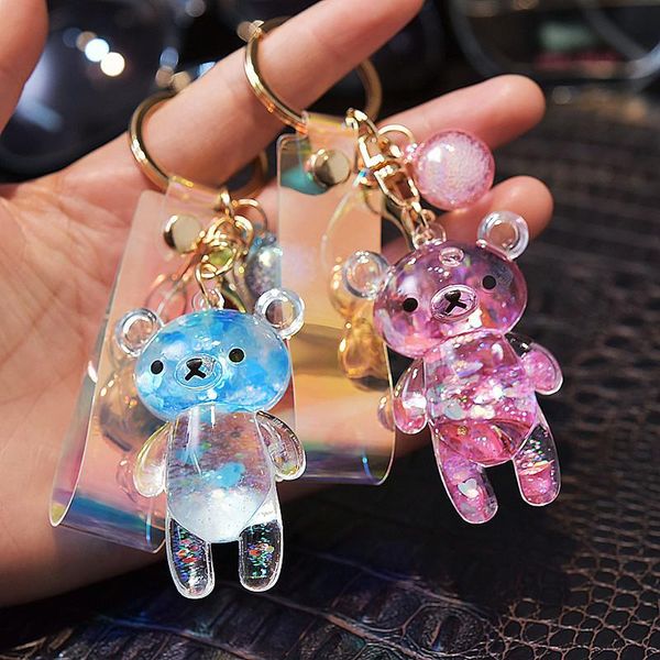 

keychains liquid keyring glitter bear quicksand acrylic key fob backpack pendant couples women men boyfriend friend gift, Silver