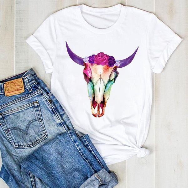 

women lady cartoon cow heifer flower fashion print ladies summer t tee tshirt womens female shirt clothes graphic t-shirt, White