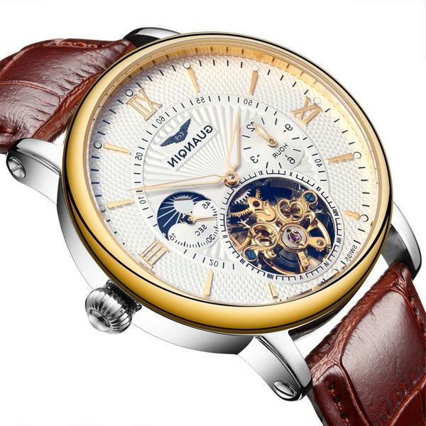 

guanqin mens watches brand luxury watch men sport tourbillon automatic mechanical leather wristwatch relogios saat, Slivery;brown
