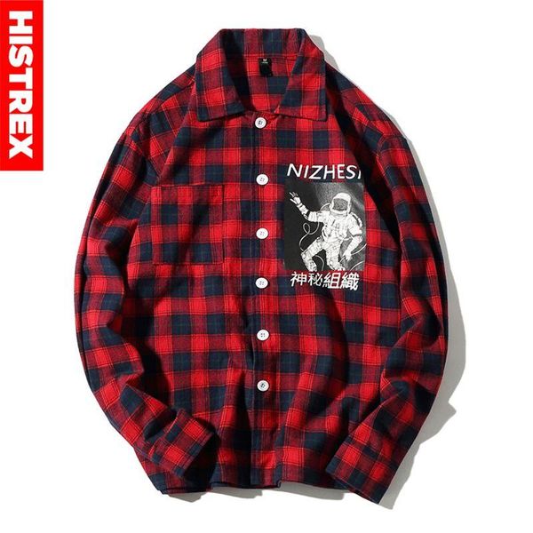 

men's casual shirts histrex 100% cotton shirt men japanese style kanji hip hop plaid streetwear long sleeve fashion h1253m#, White;black