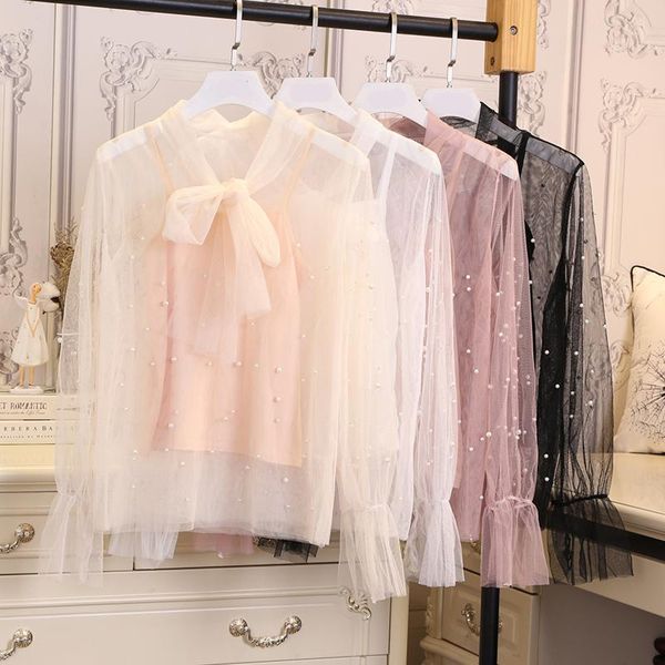 

2021 summer new lace women blouse bow belt two pieces flare sleeved see through lady elegant pulls outwear quality, White