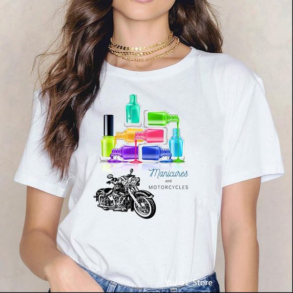 

rainbow nail polish manicures motorcycles print vogue t shirt women harajuku kawaii graphic tshirt summer shirt, White