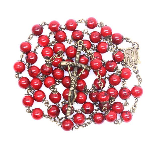 

pendant necklaces vintage catholic christian religious jewelry ancient bronze glass beads long virgin mary cross rosary necklace, Silver