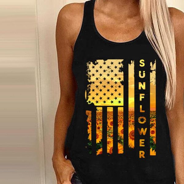 

35 summer women sunflower printing o neck tank casual sleeveless shirt tunic oversized vest ropa mujer, White
