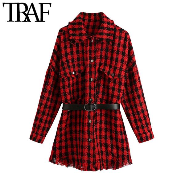 

traf women fashion oversized with belt tweed jacket coat vintage long sleeve frayed tassel female outerwear chic 201013, Black;brown