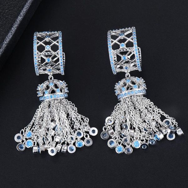 

godki trendy luxury blue tassels long dangle earrings for women wedding cubic zircon crystal african brazil bridal earrings 2021, Silver
