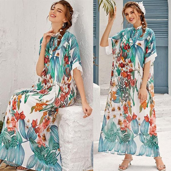 

ethnic clothing bohemia women printed long dress summer loose short sleeve kaftan arabic abaya muslim stand collar maxi robe gown islamic, Red