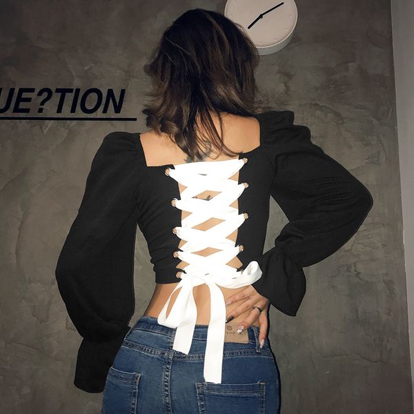 

elegant vintage black ladies t shirt ruched tie up backless tee shirt ruffles flare sleeve woman tshirt autumn, White