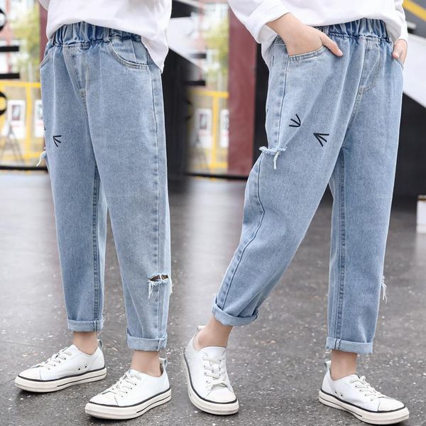 

2021 spring autumn fashion broken hole kids jeans for girls casual denim trousers children girls loose harem jeans pants d618, Blue