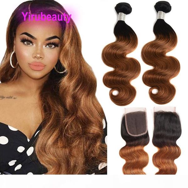 

peruvian human hair body wave 1b 30 ombre color 2 bundles with 4x4 lace closure with baby hair body wave 3 pieces 1b 30, Black;brown