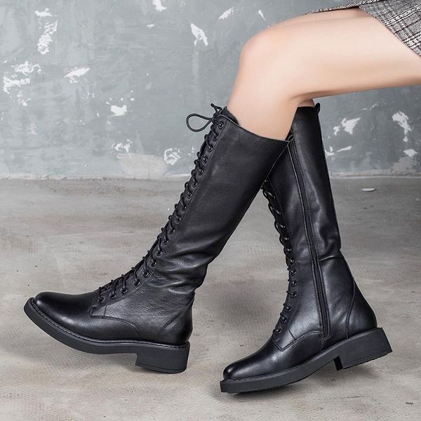 

boots leather women's 2021 autumn and winter lace-up zipper high mid-heel, Black