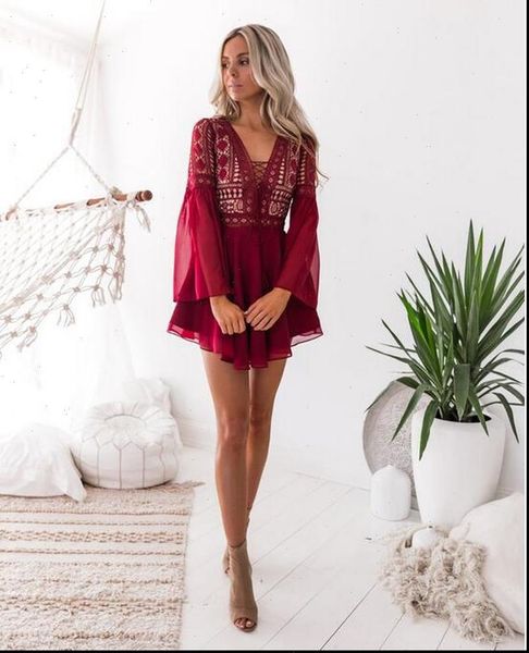 

and club lady hollow out v neck dress flare sleeve lace women solid long sleeve drop shipping, Black;gray